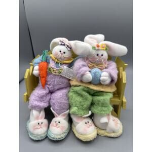 Vintage Easter Bunny Figurine Set Plush Rabbits on Wooden Bench